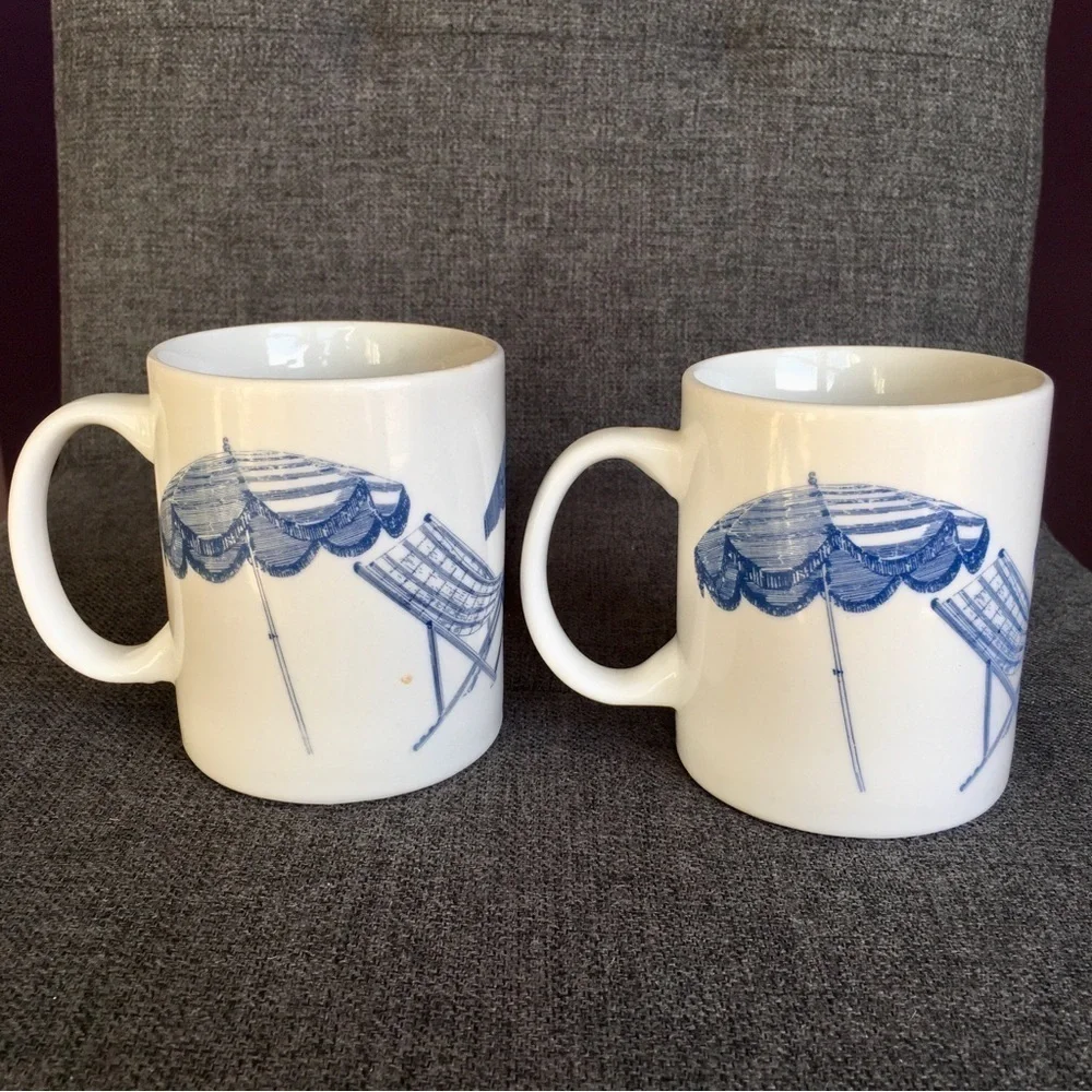Set/2 Coastal Beach Chair Scene Coffee Mugs, White, Blue, 11 oz